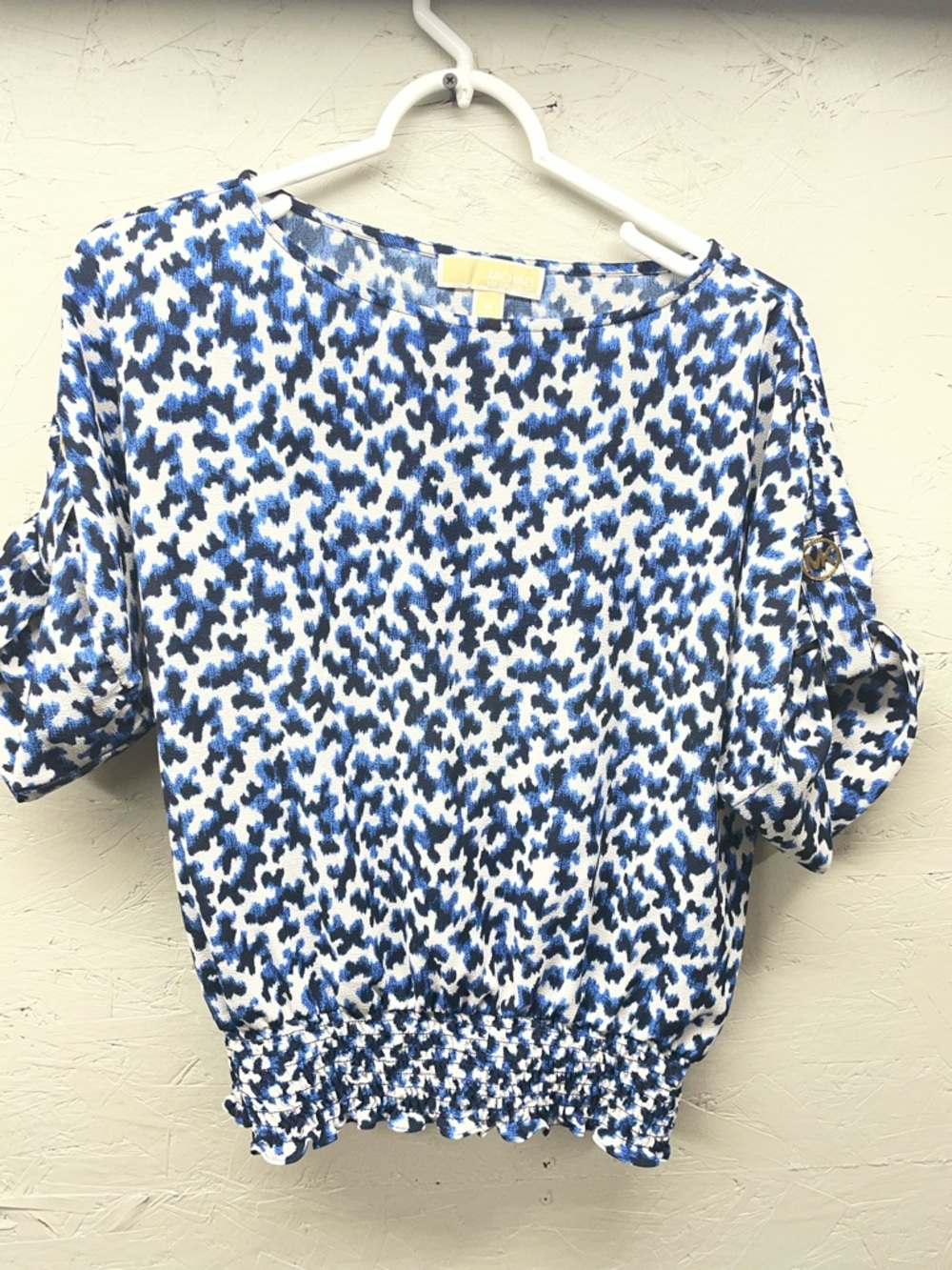 Michael Kors Blue & White Printed Short Sleeve Blouse